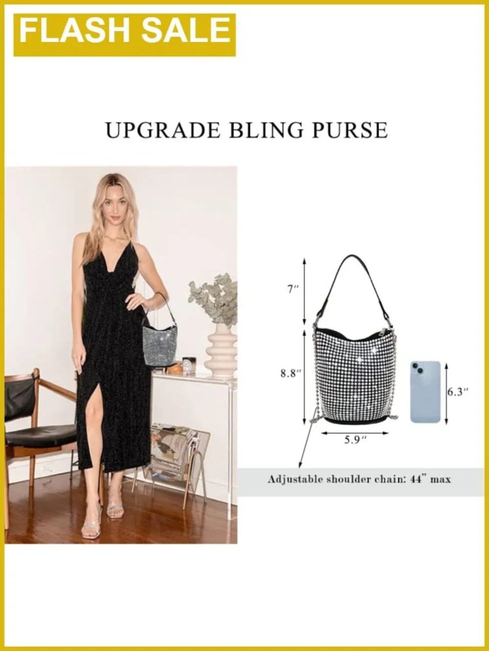 Rhinestone Studded Hobo Bag with Chain, Faux Suede and Faux Leather, Bling